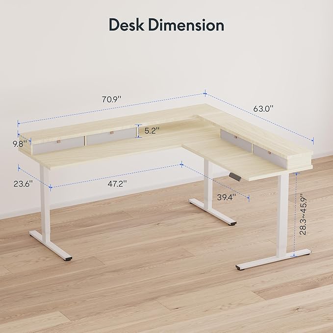 FLEXISPOT 71" L Shaped Standing Desk Electric Corner Table with Shelf, 4 Storage Drawers, Adjustable Computer Workstation for Home, Office, Game, Studio,Light Maple Top + White Frame