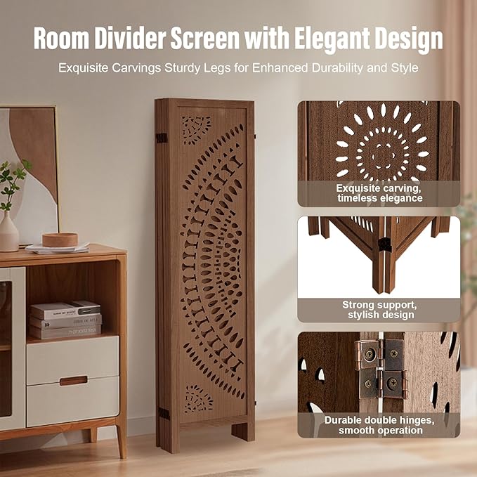 ALeesing 6 Panel Wood Room Divider Fully Assembled, Decorative Room Dividers and Folding Screens, 5.6Ft Room Divider Screen Freestanding Partition Wall Dividers for Home Bedroom Office, Dark Brown