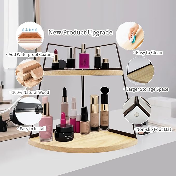 2 Tier Bathroom Counter Organizer,Standing Rack Cosmetic Holder,Wood Bathroom Organizer,Vanity Organizer Bathroom Counter Tray,for Bathroom,Bedroom (Log Color)