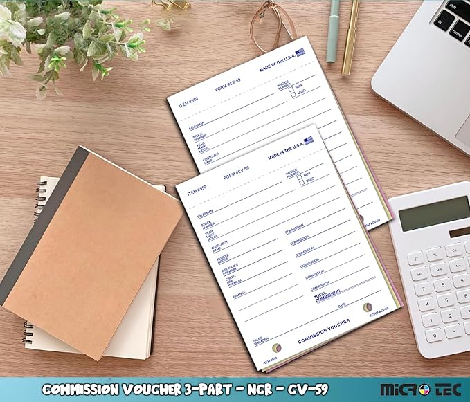 Commission Voucher Book CV-59-3 Part Carbonless Forms, Triplicate NCR Receipt Book, Snap-Out Pre-Punched with File Holes Commission Vouchers, Blue Ink, 4.25 x 5.625 Inch - Pack of 100
