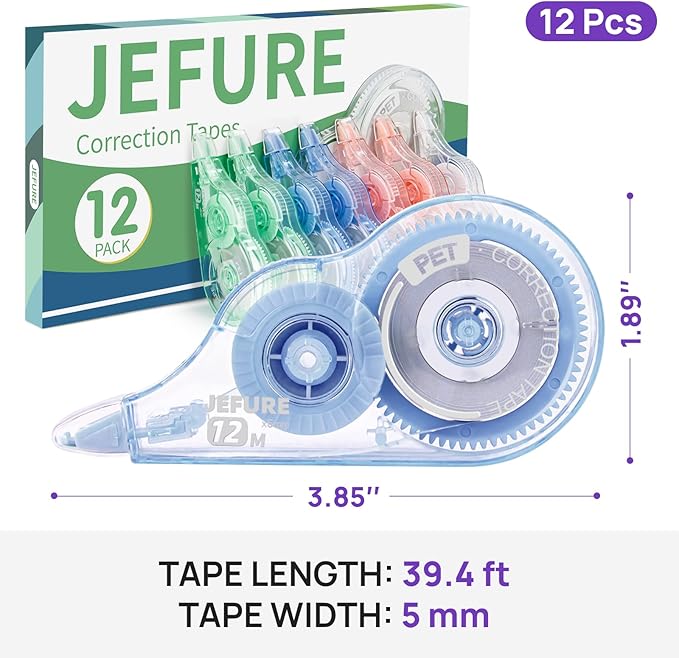 JEFURE 12 Pcs Colorful Core Correction Tape, 39.37 Ft White Wrong Out Tear-Resistant Bulk, Instant Corrections Easy to Use Applicator for School, Office, Note Taking, Journal (Tape Width 0.2 in)