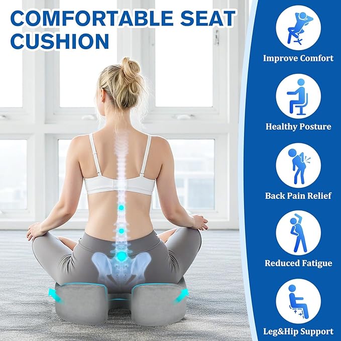 CushyOasis Seat Cushion, Chair Cushions, Office Chair Cushions, Anti-Slip Bottom & Removable Cover Tailbone Pain Relief Cushion, Memory Foam Seat Cushion, 5.28 in Thick (Light Grey)