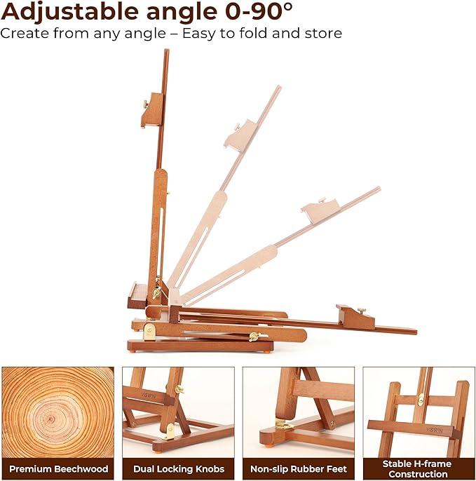 VISWIN 25" H-Frame Tabletop Easel for Painting, Adjustable Beech Wood Table Top Easel, Portable Art Easel for Adults, Artists, Beginners, Holds Canvas up to 15" – Walnut