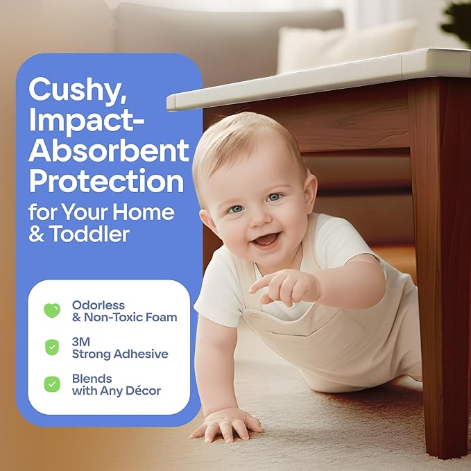 Furniture Edge and Corner Guards | 20.4ft Protective Foam Cushion | 18ft Bumper 8 Adhesive Childsafe Corners | Baby Child Proofing Set NonToxic and Safe for Table, Fireplace, Countertop | White