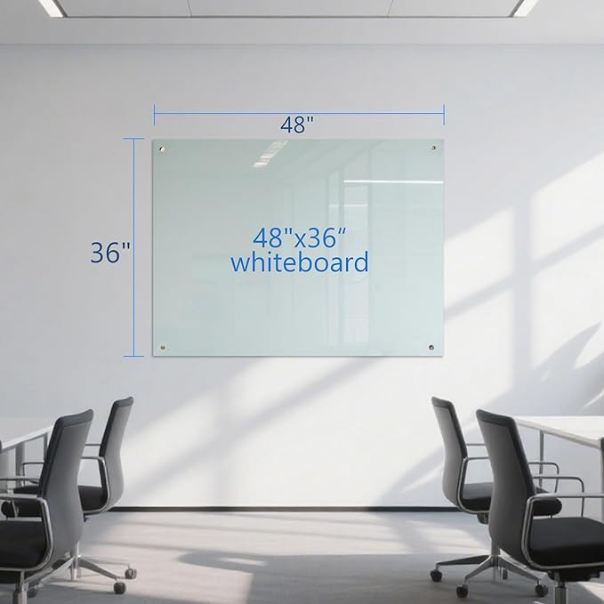 Glass Dry Erase White Board - 48"X36" Magnetic Whiteboard Large Frameless Boards with Super Strong Magnets for Office, School and Home Wall