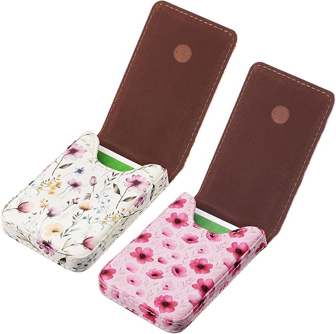 Outus 2 Pieces Business Card Holder, PU Leather Business Card Case Pocket Wallet with Magnetic Shut for Valentines Gift Men Women(Pink and White,Floral)