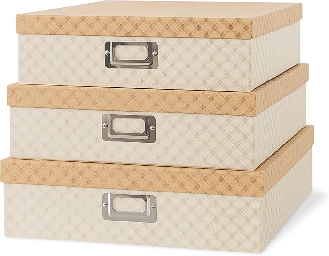 Soul & Lane Decorative Storage Boxes with Lids for Organizing, Set of 3 Jumbo Scrapbook Letter Storage Boxes for Documents, Photos, Keepsakes, Memories, Geometric Check