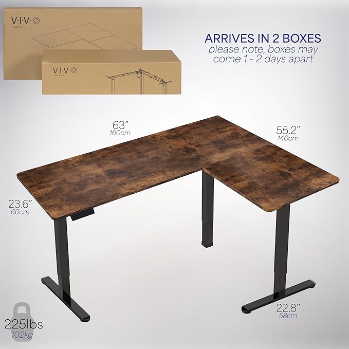 VIVO Electric Corner 63 x 55 inch L-Shaped Standing Desk, Memory Height Adjustment, Rustic Vintage Brown Top White Frame, DESK-E3CTWN