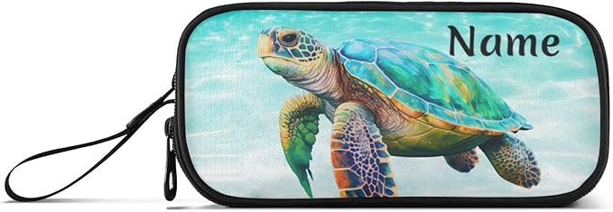BOENLE Custom Sea Turtle Teal Pencil Case Box Boys Girls Personalized Name Large Pencil Pouch Stationery Pen Bag Organizer for Kids Adults School Office