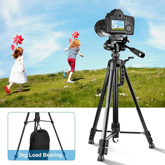 PULUZ Camera Tripod, 55"/139cm Lightweight Portable Travel Outdoor DSLR Tripods for Camera Phone Video Recording Tripod Stand, Cellphone Clip for Smartphone Live Streaming Vlog