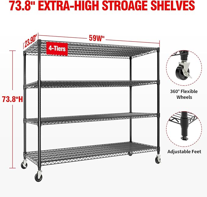 MilleLoom 4 Tier Industrial Storage Shelving Unit 2640LBS Capacity, Heavy Duty Adjustable Metal Shelves w/Wheels & Leveling Feet, Garage, Workshop, Basement Rack Shelf, 73.8" H*23.9" D*59.8" W