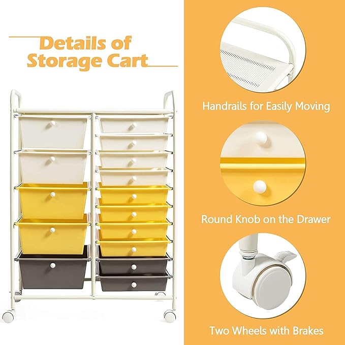 HAPPYGRILL 15-Drawer Rolling Cart, Storage Carts with Removable Drawers & Steel Frame, Utility Cart on Lockable Wheels for Home, School, Office, Yellow