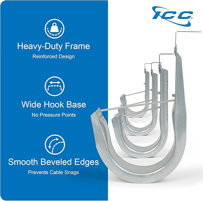 ICC Ceiling Mount J Hook 2” with Retainer Clip - Galvanized Steel Cable Management Hooks for Hanging Cable - Rust-Resistant, EIA and TIA Compliant - 2 Inch 25-Pack