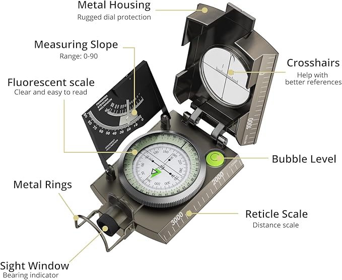 Anbte Compass Hiking Survival, IP65 Waterproof Metal Compass with Sighting Clinometer and Carry Bag, Multifunctional, Professional, for Camping Hunting Hiking Navigation