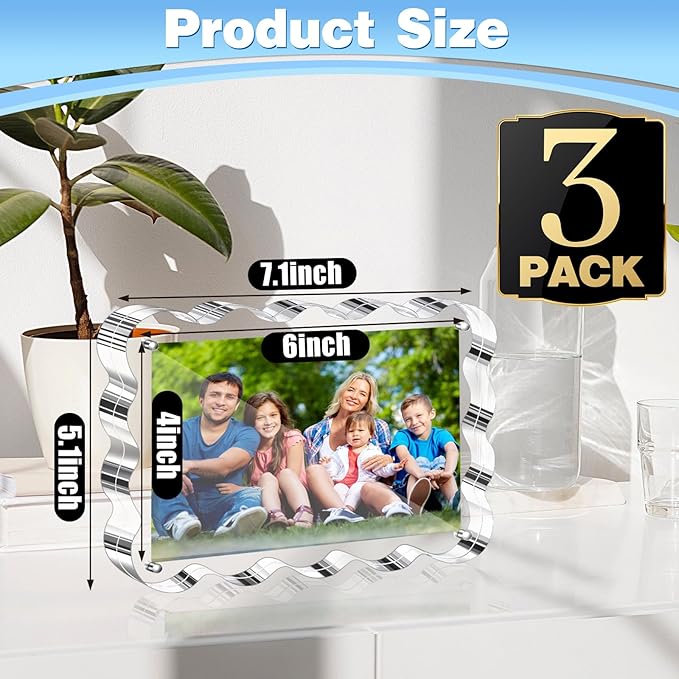 Aheroi Acrylic Picture Frames, 3 Pack 4x6 Clear Scalloped Photo Frame Freestanding Magnetic Double Sided Picture Frames, Transparent Thickened Frameless Acrylic Sign Holder, No Instal, Gifts Choice