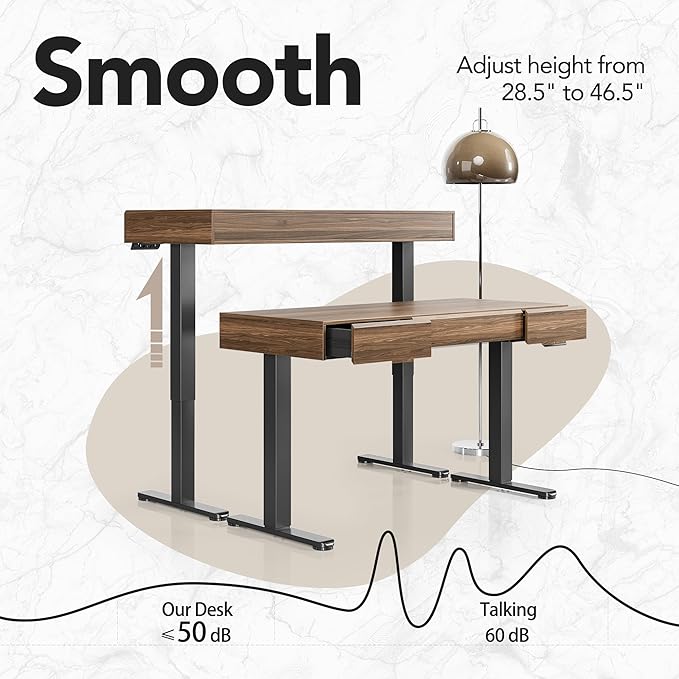 HUANUO 48 Inch Standing Desk with Drawers, Electric Adjustable Height Stand Up Desk with Storage, Whole-Piece Board Computer Workstation for Home Office, Black Walnut