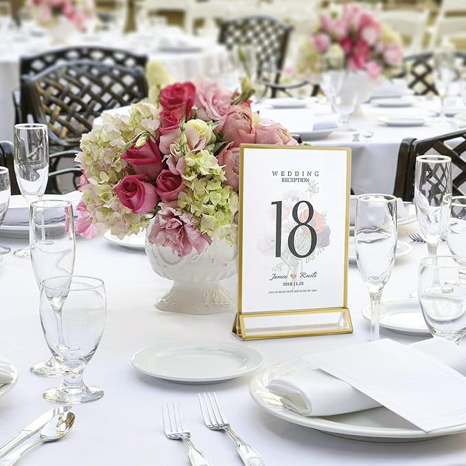 Smarpau 16 Pack 4x6 Acrylic Sign Holder with Gold Frame Table Number Holders Clear Picture Frames Flyer Stands Tables Menu Holder for Restaurant