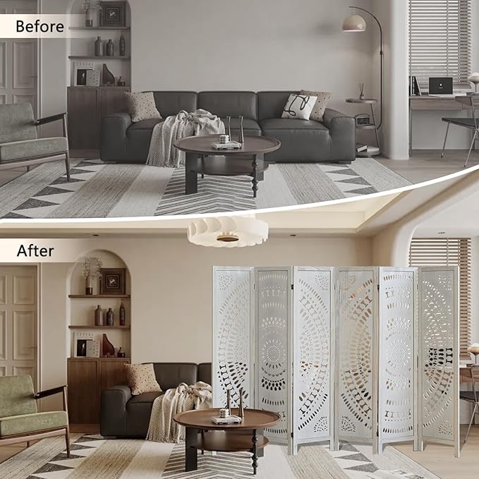 ALeesing 6 Panel Wood Room Divider Fully Assembled, Decorative Room Dividers and Folding Screens, 5.6Ft Room Divider Screen Freestanding Partition Wall Dividers for Home Bedroom Office, White