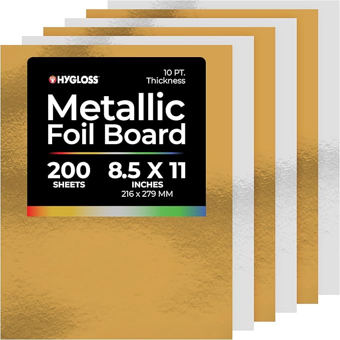 Hygloss Metallic Cardstock Sheets – 200 Shiny Gold & Silver Sheets, 8.5” x 11” - Sturdy 10 pt. – Metallic Foil Board Paper for Crafts, Scrapbooking, Posters & Decorations