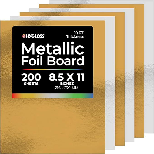Hygloss Metallic Cardstock Sheets – 200 Shiny Gold & Silver Sheets, 8.5” x 11” - Sturdy 10 pt. – Metallic Foil Board Paper for Crafts, Scrapbooking, Posters & Decorations