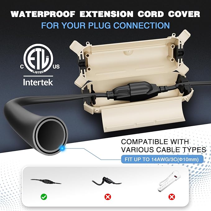Flemoon [3 Pack] Outdoor Extension Cord Cover Waterproof, Weatherproof Electrical Connection Box for Straight Plug, Outlet, Socket, Halloween, Christmas Holiday Decoration String Light, Almond