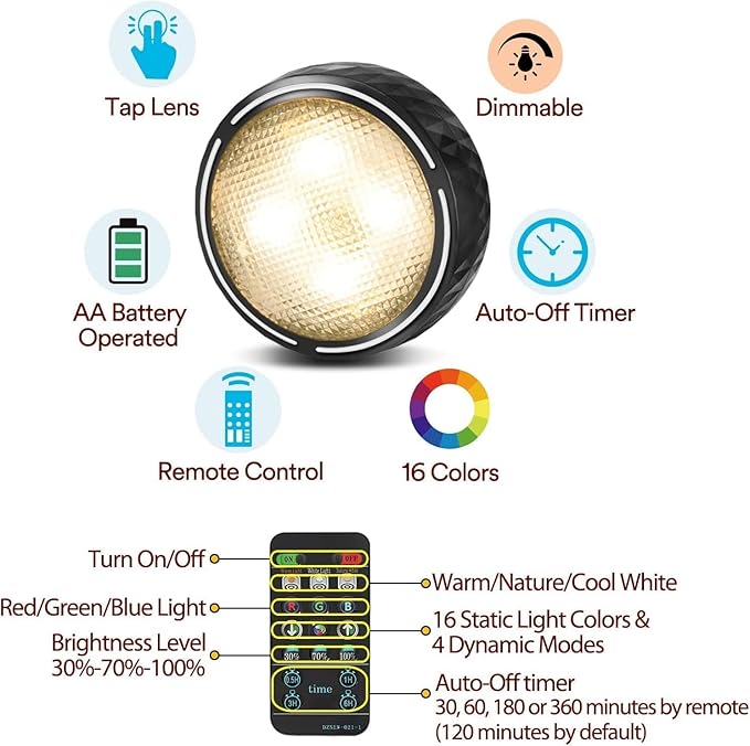 LED Puck Lights with Remote Battery Operated Under Cabinet Lighting Wireless Stick on Lights Color Changing Timer Tap Lights for Cabinets Shelves Closets Display Case - 6Pack Black
