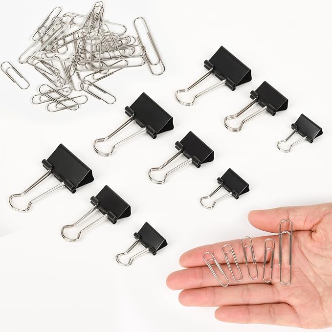 500PCS Paper Clips and Binder Clips Assorted Sizes,Silver Paper Clips & Black Binder Clips for Home, School, Office Supplies
