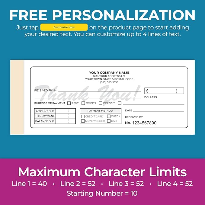 Custom 2.83" x 7" Carbonless NCR Books in 3-Part Triplicate Invoices, Receipts, Work Orders, Sales Orders, Purchase Orders, Estimates, Quote Forms with Your Company/Business Name (99 Sets)