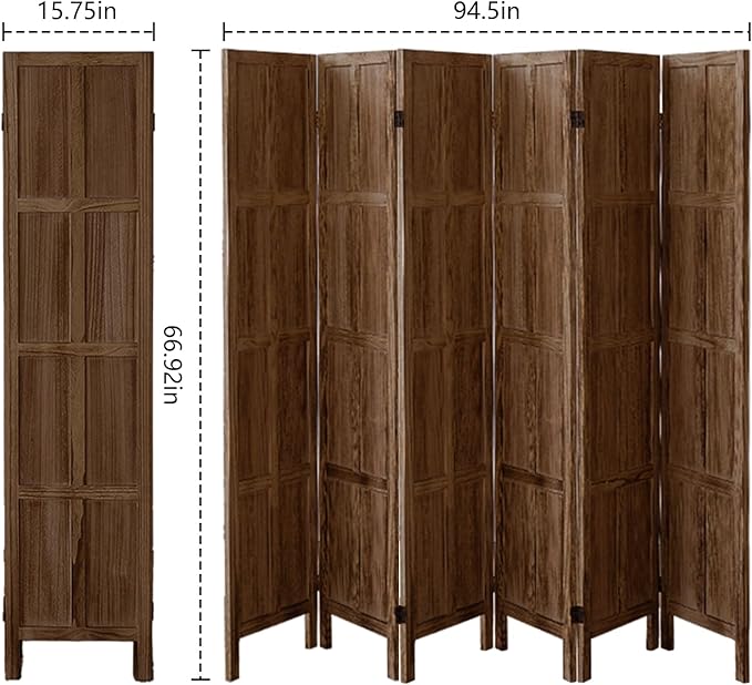 Leesinwing Wood Room Divider 6 Panel Folding Privacy Screen, Classic 5.6Ft Indoor Wooden Partition, Portable Partition Wall Divider for Room Separation, Home, Office, Bedroom, Restaurant (Brown)