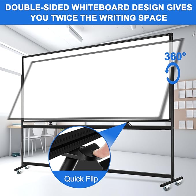 Max-officoo 4'x8' Large Dry Erase White Board with Rolling Stand 96"x48" Double-Sided Mobile Magnetic Whiteboard on Wheels, Including 3 Magnetic Erasers, 7 Markers, 30 Magnets