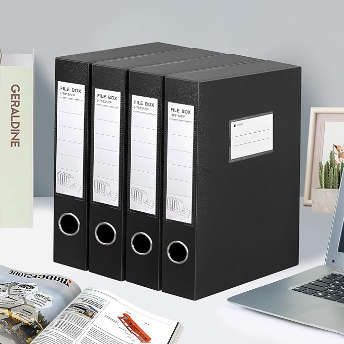 HUA JIE 2 Pack A4 Storage File Boxes Archives Case,65mm Spine,Box File Document Storage Box with Metal Clip for Office School -Black