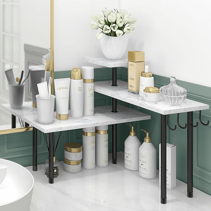 Homode Bathroom Counter Corner Shelf, 3 Tier Kitchen Countertop Organizer for Over The Sink, Make Up, Dresser Table, White Marble