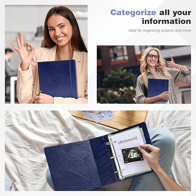 Ospelelf Leather Mini Binder Vintage Hardcover 2 Inch Rings, Professional Small 3 Ring Binders Organizer Suitable for 5.5" x 8.5" Documents, Binder Dividers with Tabs, Dark Blue