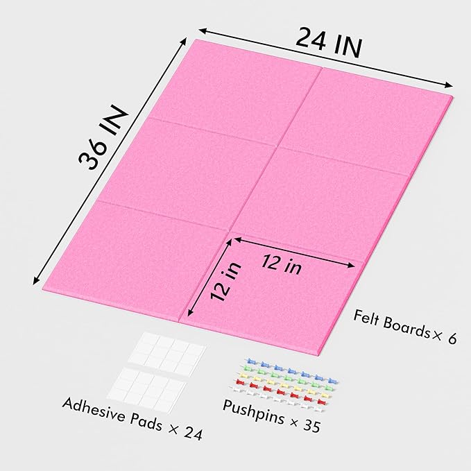 Neatsure Large Cork Board for Wall, 36" x 24" Bulletin Board with Pushpins, 6 Panels Felt Tiles Tack Push Pin Board for Office, Pink