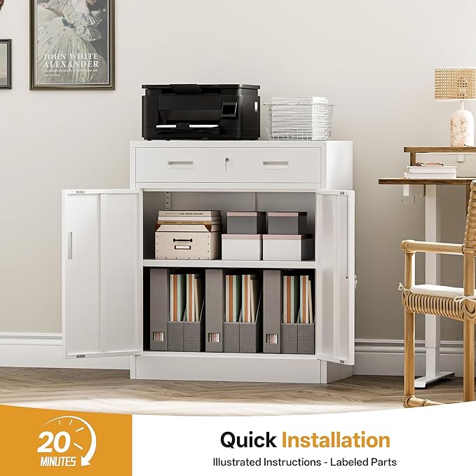 TaskStorz Metal Storage Cabinets with Drawer, 36" H Lockable Storage Cabinet with Doors and Adjustable Shelves, Small White Steel File Cabinet for Home, Office, Warehouse, School, Assembly Required