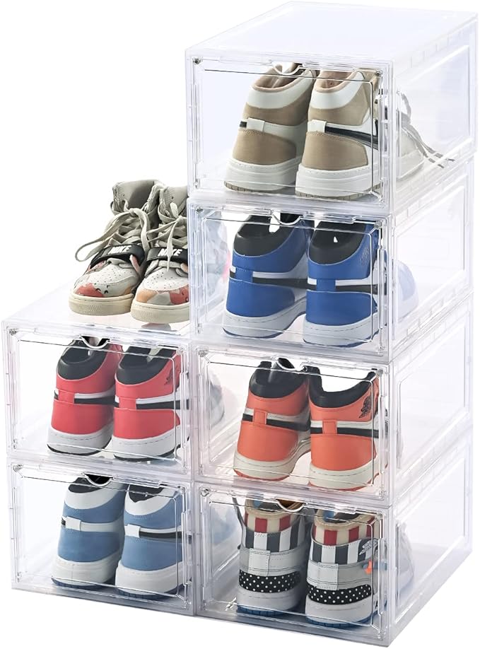 KEFA XL Shoe Storage Box, 6 PACK Shoe Boxes Clear Plastc Stackable Organizer, Clear Plastic Shoe Boxes Fit for US 15 (6 PACK CLEAR)