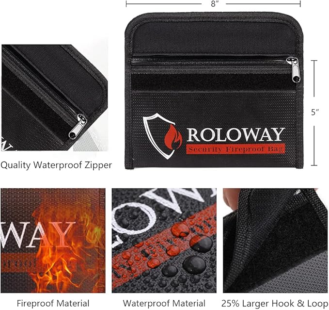 ROLOWAY Small Fireproof Bag (5 x 8 inches), Non-itchy Fireproof Money Bag for Cash, Valuables, Passport, Currency & Keys (2-Pack Black)