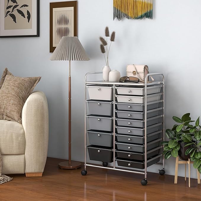 LDAILY 15 Drawer Rolling Storage Cart, Rolling Cart with Drawers for Classroom, Art Supply Craft Organizer on Wheel with Metal Frame & Handles for Home Office School