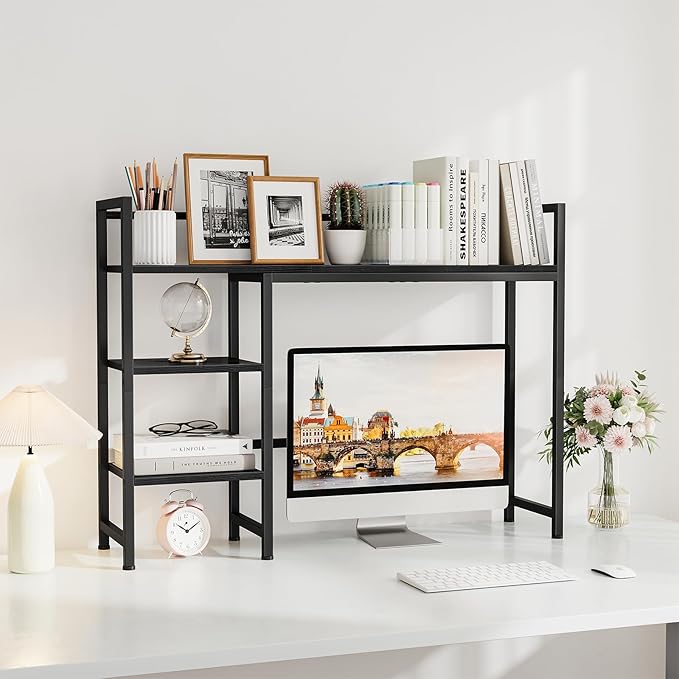 Snughome Desk Shelf, 38.6" Desk Hutch for Computer Monitor, Desktop Organizer Shelf, 4 Tier Desk Display Rack, Wood Desktop Bookshelf Storage Rack for Home Office Dorm, Black