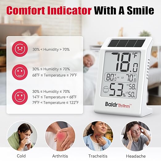 BaldrTherm Room Thermometer Indoor Humidity Meter, Solar-Powered 3.2'' Digital Temperature Sensor Monitor with Max/Min Reading, Comfort Indicator for Baby Room, Home, Office, White, 3Pack