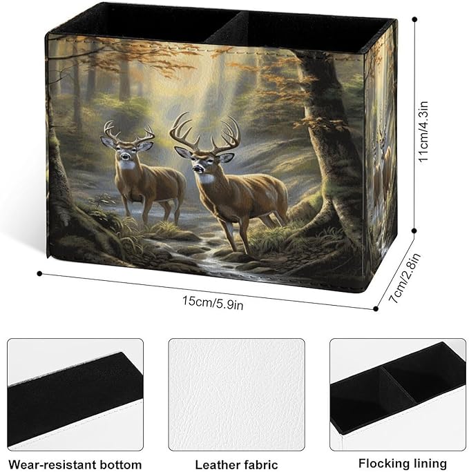 Famame Two Deer Autumn River Pencil Holder for Desk, Leather Desktop Container Pen Cup Storage Study Table Pen Organizer Makeup Brush Holder for Classroom Office Home