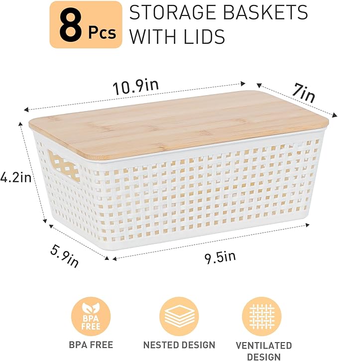Anywish Storage Bins with Lids 8 Packs, Plastic Storage Bins with Bamboo Lids for Pantry Organization and Storage Containers for Shelves Drawers Desktop Closet Playroom Classroom Office Home, White
