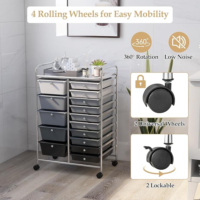 HAPPYGRILL 15-Drawer Rolling Cart, Storage Carts with Removable Drawers & Steel Frame, Utility Cart on Lockable Wheels for Home, School, Office, Black Gradient