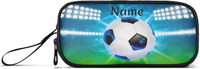 BOENLE Custom Soccer Ball on Field Pencil Case Box Boys Girls Personalized Name Large Pencil Pouch Stationery Pen Bag Organizer for Kids Adults School Office