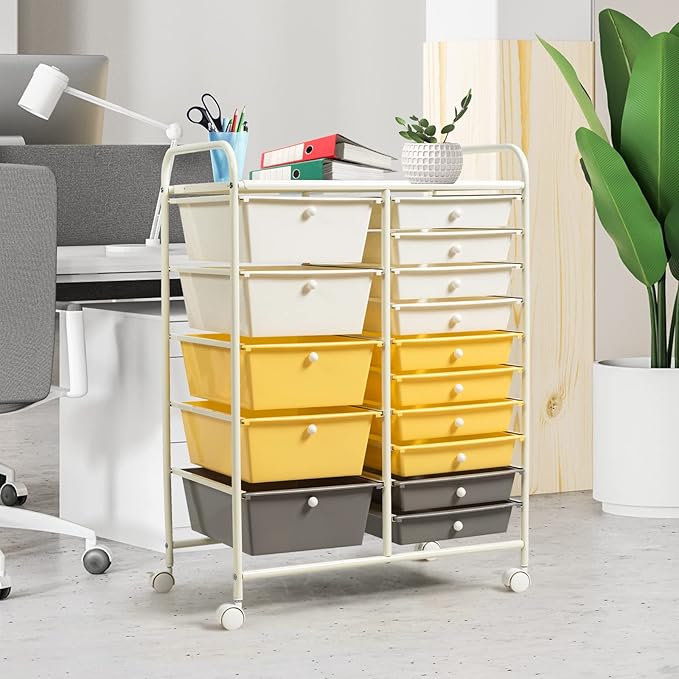 GLACER 15 Drawers Rolling Cart, Storage Cart with w/Removable Drawers & Steel Frame, Multipurpose Organizer Cart w/Sleek Handle, Utility Cart on Lockable Wheels for Home, School, Office (Yellow)