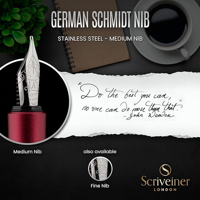 Scriveiner Personalized Luxury EDC Fountain Pen (Medium), Stunning Matt Red Pocket Pen, Chrome Finish, Schmidt German Nib, Best Engraved Fountain Pen Gift Set for Men & Women, Name Engraving