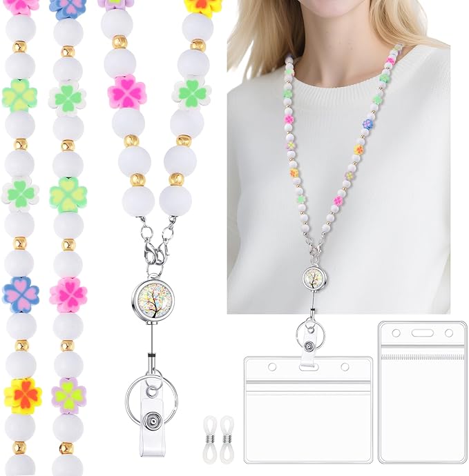 Teacher Lanyard with ID Holder Cute Flower Wooden Beaded Lanyards for ID Badge Holders Retractable Badge Reel Keys Eyeglass Chains