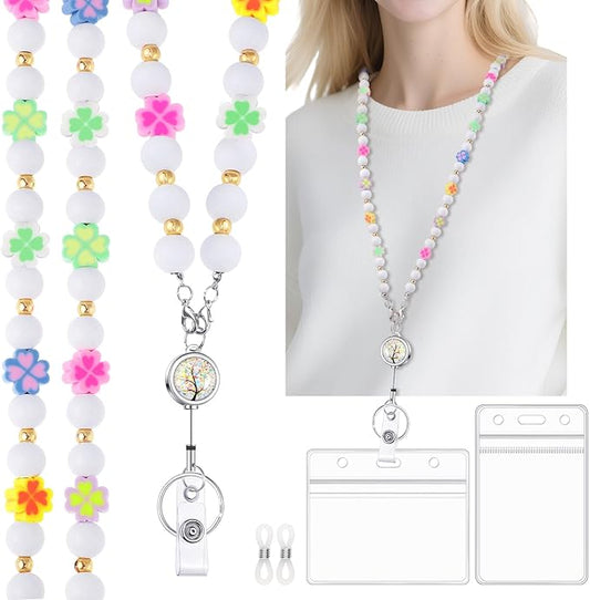 Teacher Lanyard with ID Holder Cute Flower Wooden Beaded Lanyards for ID Badge Holders Retractable Badge Reel Keys Eyeglass Chains