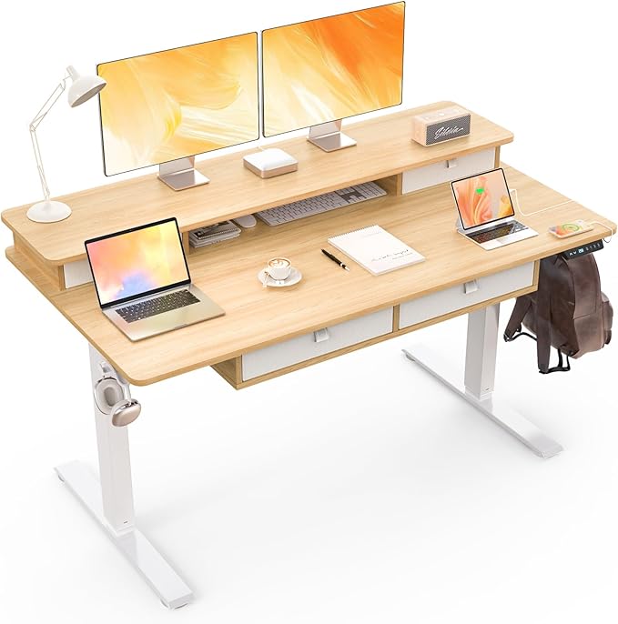 ExaDesk 55 * 30 Inches Electric Standing Widened Desk Adjustable Height with 4 Drawers, Double Storage Shelves, Home Office Workstation Sit Stand up Desk (Nature)