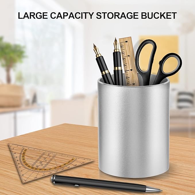 Dopaka Pen Holder Pencil Holder for Desk, Metal desk pen holder, Makeup Brush Holder, pencil cup, pen organizer for desk, for Office, School, Home, and Kids 3.9×3.14inch（Silver）